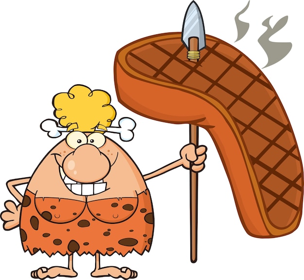 Personagem de mascote de desenho animado de mulher loira da caverna sorridente segurando uma lança com grande bife grelhado