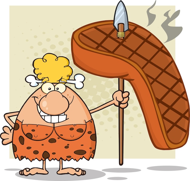 Personagem de mascote de desenho animado de mulher loira da caverna sorridente segurando uma lança com grande bife grelhado