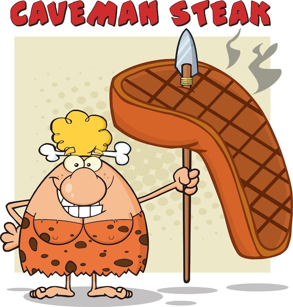 Personagem de mascote de desenho animado de mulher loira da caverna sorridente segurando uma lança com grande bife grelhado