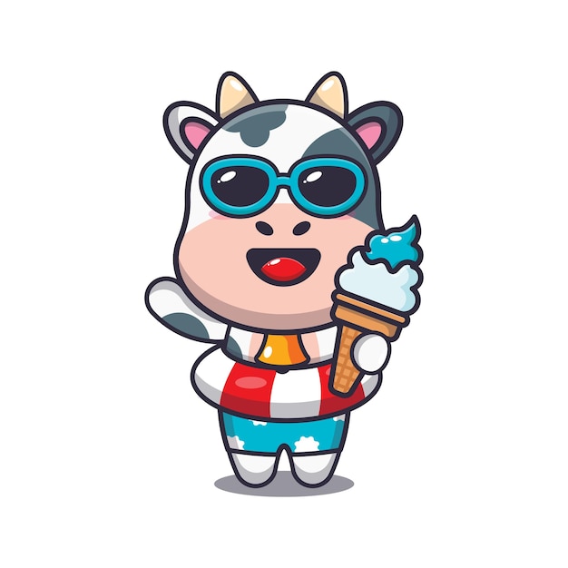 Personagem de mascote de desenho animado de vaca fofa com sorvete na praia