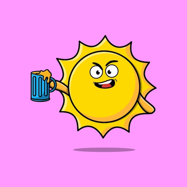 Personagem de mascote de desenho animado do sol com copo de cerveja