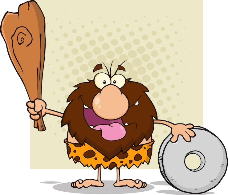 Vetor personagem de mascote de desenho animado homem das cavernas feliz segurando um taco e mostrando a roda