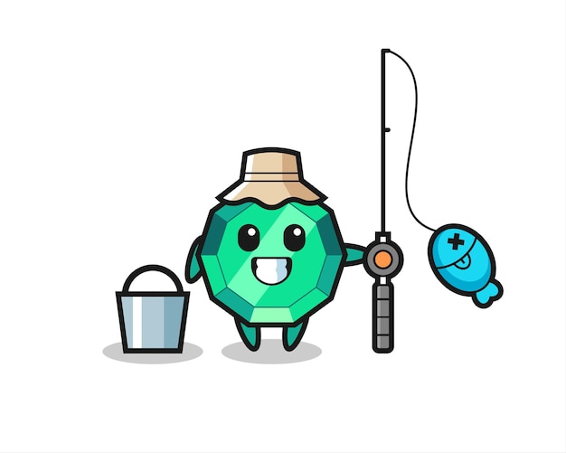 Personagem de mascote de pedra esmeralda como um pescador, design de estilo fofo para camiseta, adesivo, elemento de logotipo