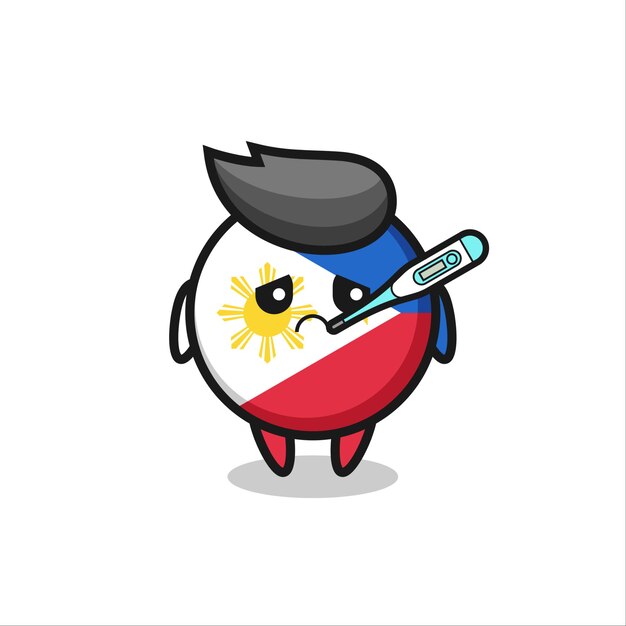 Personagem de mascote distintivo de bandeira de filipinas com quadro de febre, design de estilo fofo para camiseta, adesivo, elemento de logotipo