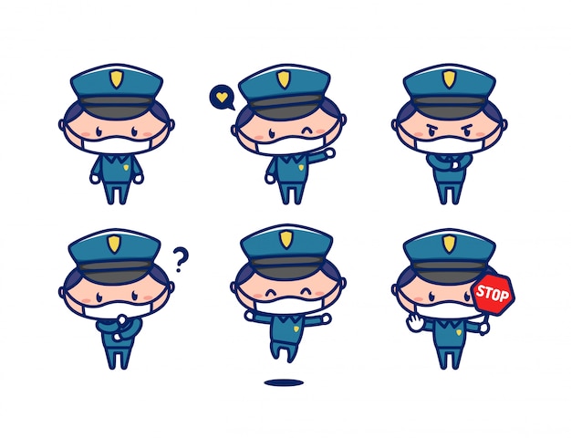 Personagem de mascote policial bonito no estilo chibi usar máscara facial