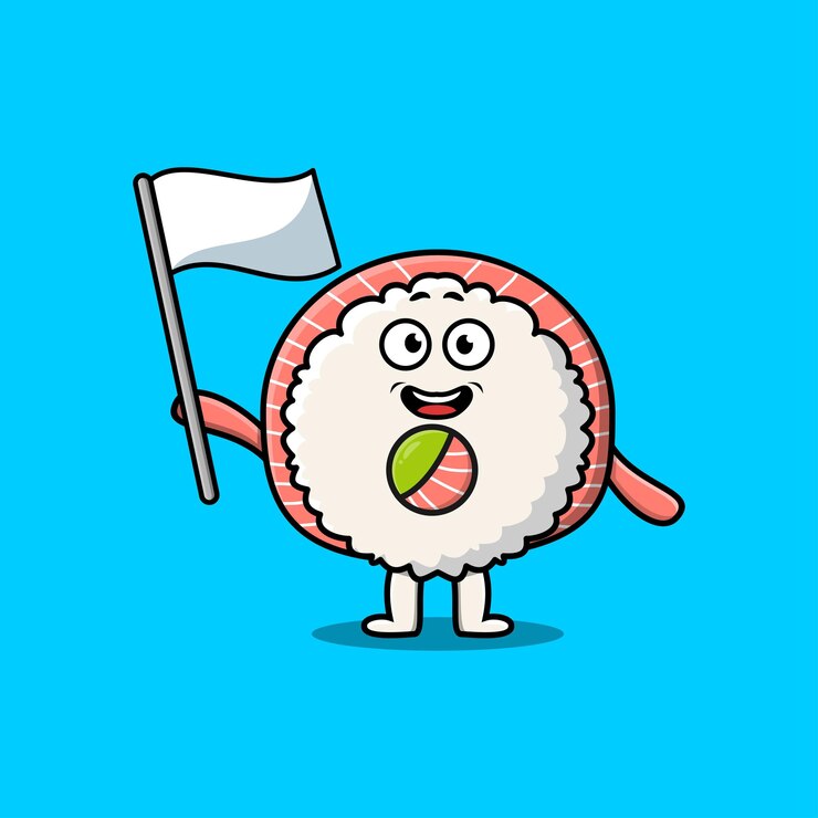 Vetor personagem de mascote sushi de desenho bonito com bandeira branca em design moderno