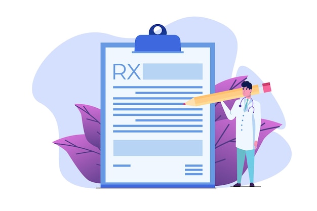 Vetor personagem de médico escrevendo o formulário de prescrição rx. conceito de clínica online.