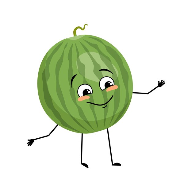 Personagem de melancia redonda listrada verde com emoção feliz rosto alegre sorriso olhos braços e pernas Pessoa com emoticon de fruta ou baga de expressão feliz Ilustração plana em vetor