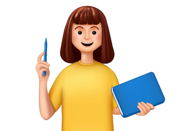 Personagem de menina 3D Pessoas segurando caderno e caneta pessoa feliz com papelão estudo humano com livro estudante avatar mulher rosto sorridente trabalhador de escritório profissional ilustração vetorial render