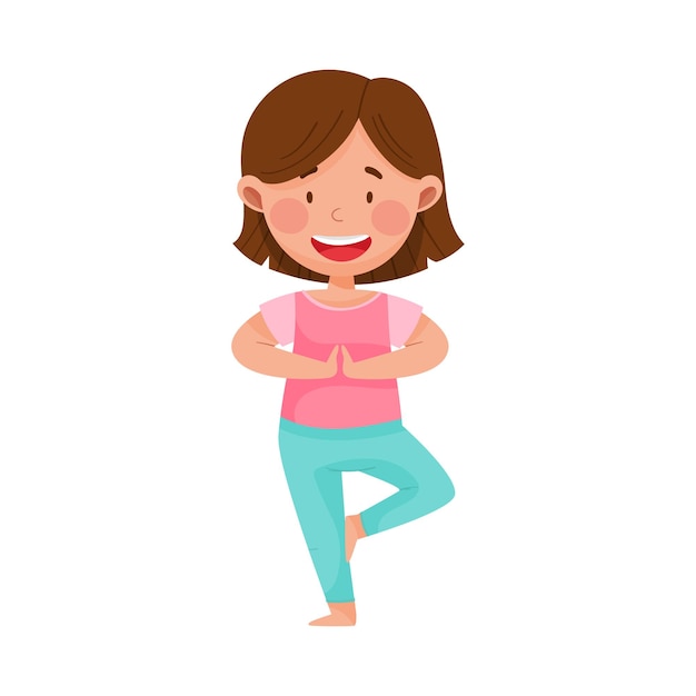 Personagem de menina alegre de pé em postura de ioga ou postura respirando profundamente ilustração vetorial