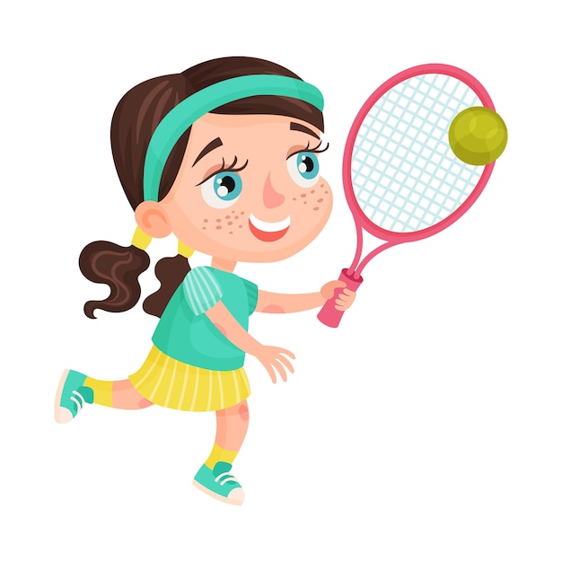 Personagem de menina bonita com faixa na cabeça jogando tênis Ilustração vetorial