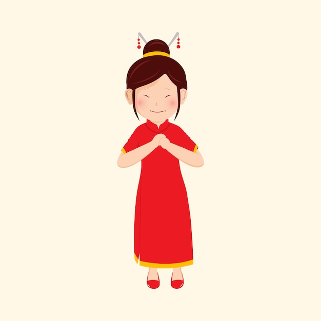 Personagem de menina chinesa em traje tradicional fazendo saudação de punho e palma em fundo bege