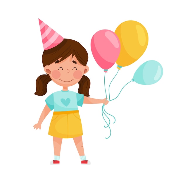 Personagem de menina com chapéu de aniversário carregando um monte de balões Ilustração vetorial