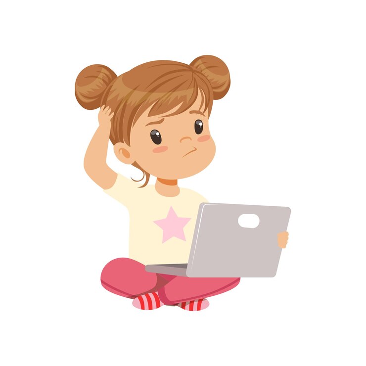 Vetor personagem de menina doce usando laptop enquanto está sentado no chão vetor ilustração isolada em um fundo branco