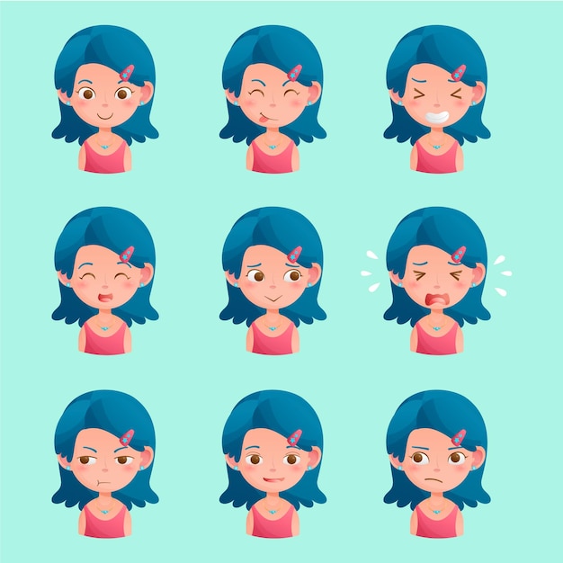 Personagem de menina mulher com várias expressões faciais para animação