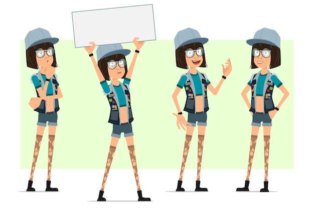 Personagem de menina plana hipster dos desenhos animados em boné de caminhoneiro, óculos e shorts jeans. garota de pé, pensando e segurando um cartaz em branco para texto.