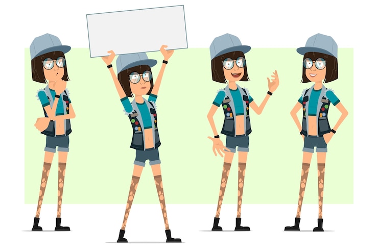 Vetor personagem de menina plana hipster dos desenhos animados em boné de caminhoneiro, óculos e shorts jeans. garota de pé, pensando e segurando um cartaz em branco para texto.