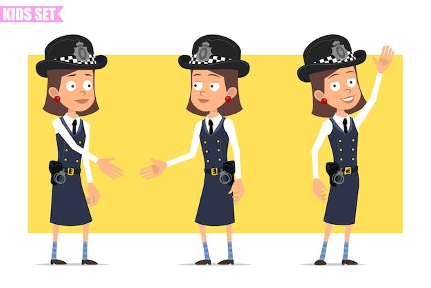 Personagem de menina policial britânico plana engraçado dos desenhos animados com chapéu e uniforme do capacete. menina apertando as mãos e dizendo olá.