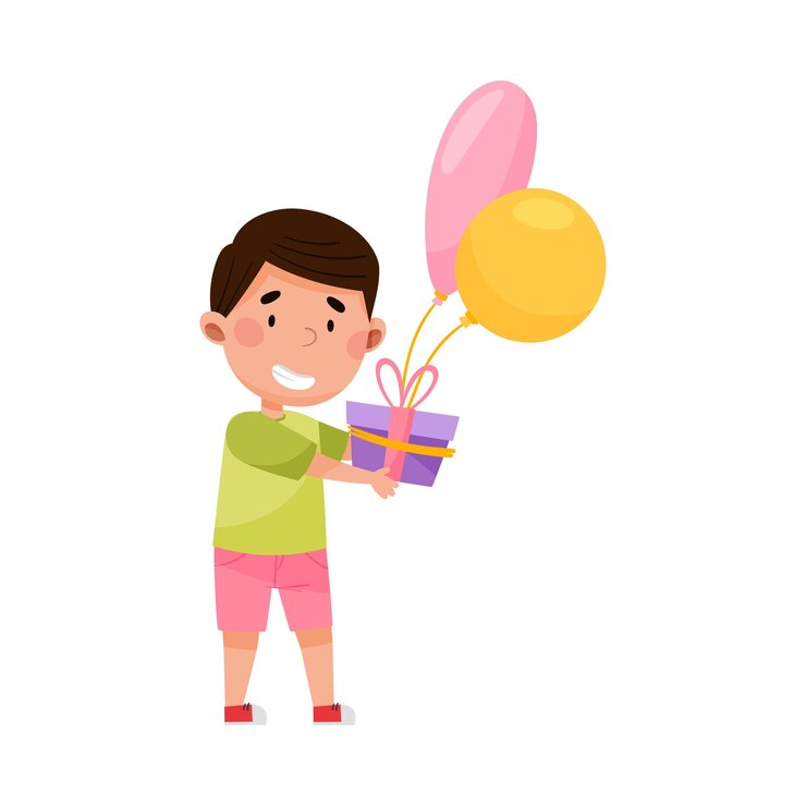 Vetor personagem de menino alegre segurando caixa de presente com ilustração vetorial de balão