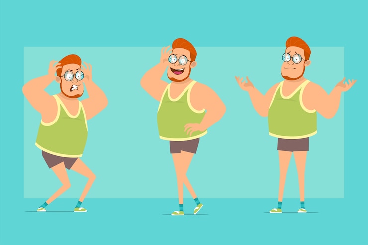 Vetor personagem de menino gordo ruiva plana engraçada de óculos, camiseta e shorts. rapaz mal-entendido, posando, com medo e com raiva.