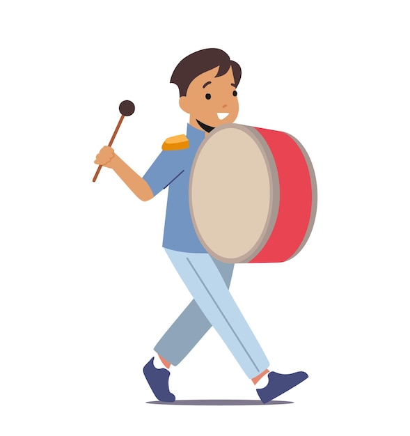 Personagem de menino músico andando com março tocando bateria isolado no fundo branco orquestra militar tocar instrumento