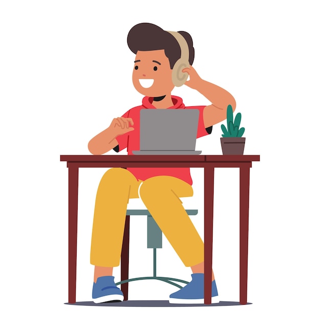 Personagem de menino usando fones de ouvido absorto no trabalho em uma mesa com um laptop imerso em tecnologia