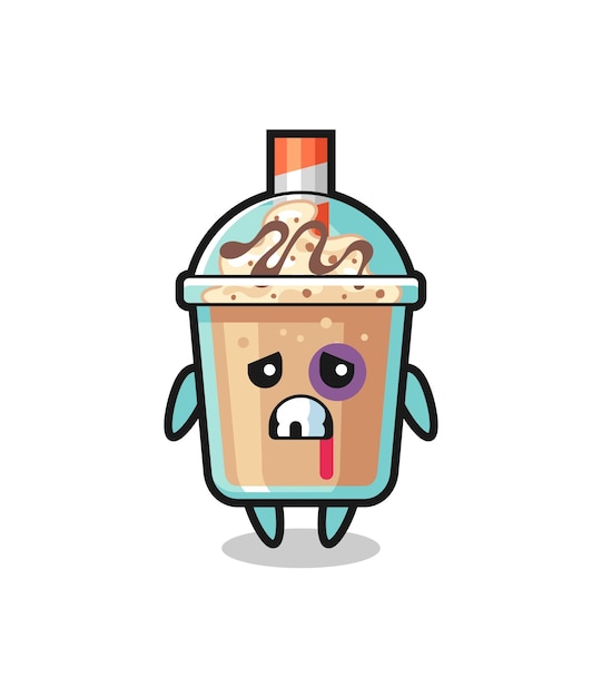 Personagem de milkshake ferido com rosto machucado, design de estilo fofo para camiseta, adesivo, elemento de logotipo