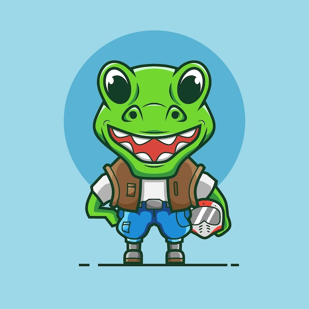 Personagem de motociclista e capacete de dinossauro fofo