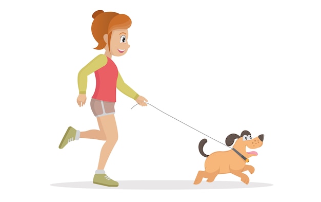 Personagem de mulher caminhando com cachorro