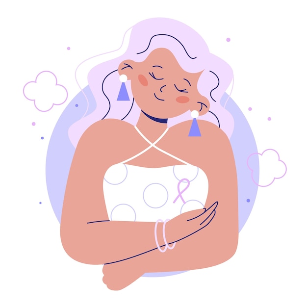Personagem de mulher de câncer de mama Mulher com fita rosa cuida de si mesma