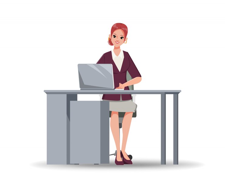 Vetor personagem de mulher de negócios trabalhando com o computador portátil na mesa de escritório.