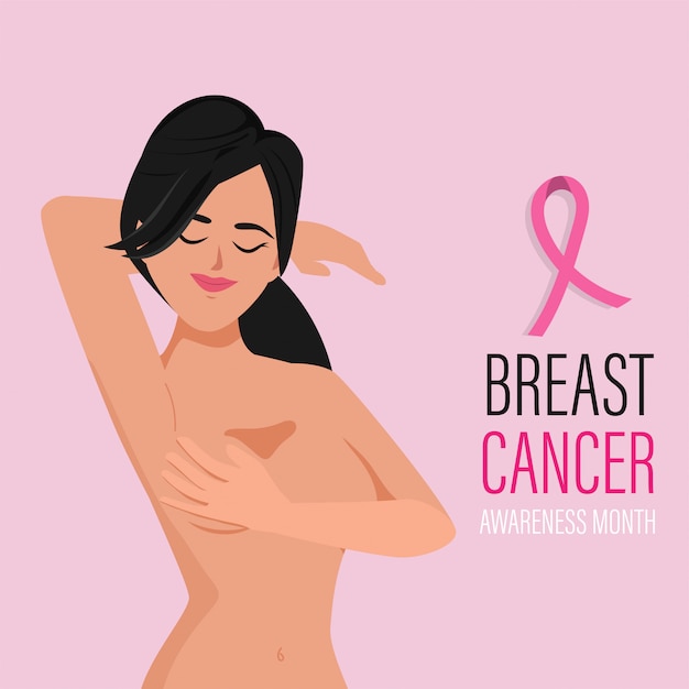 Vetor personagem de mulher do mês de conscientização do câncer de mama verificar o peito dela.