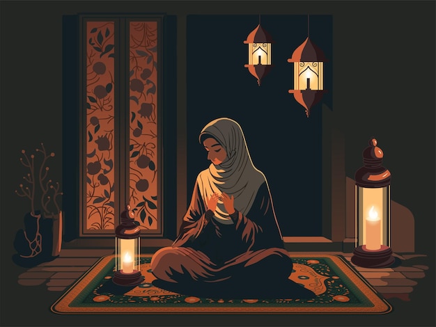 Personagem de mulher muçulmana oferecendo oração namaz no tapete e lâmpadas árabes iluminadas em casa conceito religioso islâmico