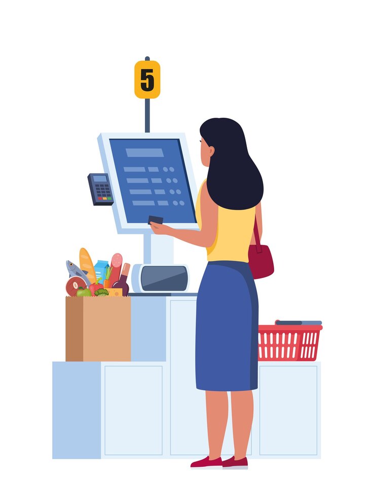 Vetor personagem de mulher no carrinho de supermercado no autoatendimento de caixa com terminal pos para pagamento sem dinheiro