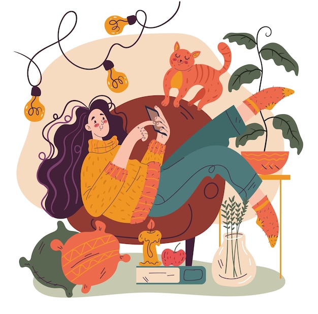 Personagem de mulher sentada na cadeira conforto ilustração do conceito de elemento de design abstrato em casa confortável