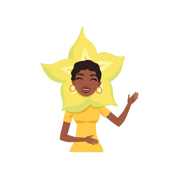 Personagem de mulher sorridente em ilustração vetorial de chapéus de frutas carambola em um fundo branco