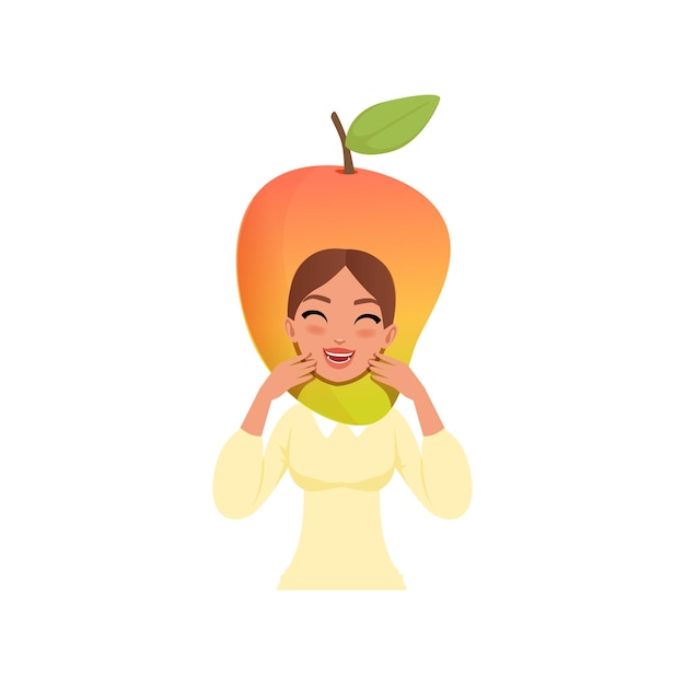 Personagem de mulher sorridente em ilustração vetorial de chapéus de frutas de manga em um fundo branco