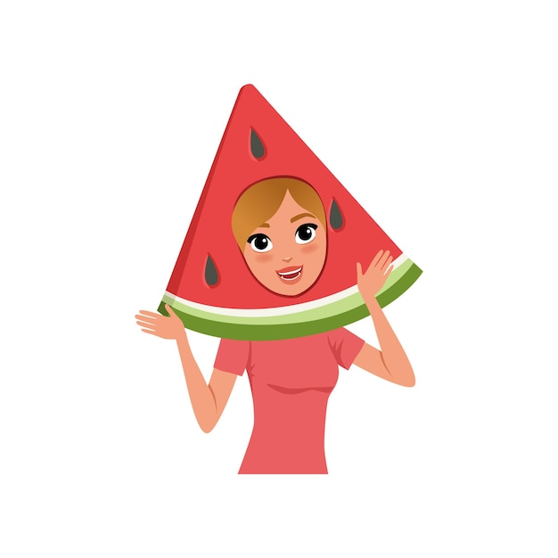 Vetor personagem de mulher sorridente em ilustração vetorial de headwear de frutas melancia em um fundo branco