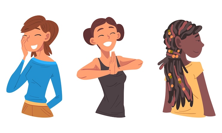 Vetor personagem de mulher sorridente olhando para alguém demonstrando atenção meio conjunto de vetores de comprimento