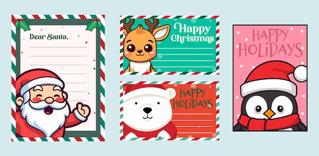 Personagem de Natal de arte vetorial em papel decorado para o conjunto de cartas e cartões de Papai Noel
