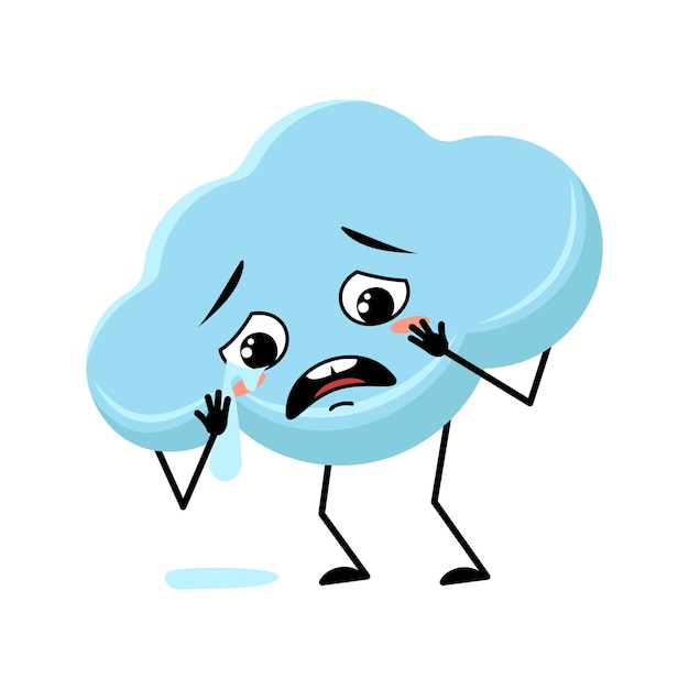 Personagem de nuvem bonito com choro e lágrimas emoção rosto triste olhos depressivos braços e pernas pessoa com expressão melancólica e pose ilustração em vetor plana