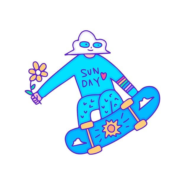 Personagem de nuvem legal segurando girassol e freestyle com skate, ilustração para camiseta