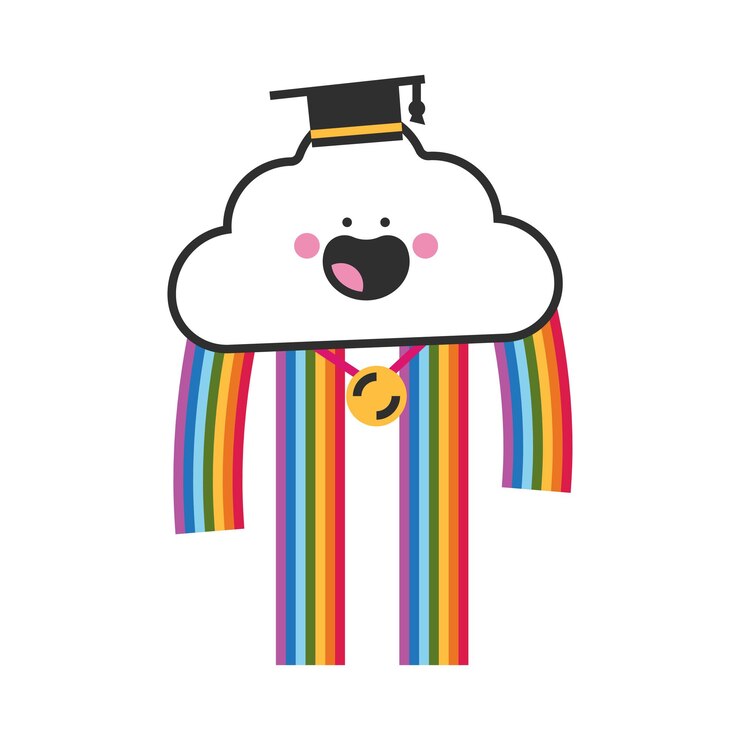 Vetor personagem de nuvem lgbtq bonito na ilustração do conceito de desenho animado vetorial de chapéu de pós-graduação isolado em um fundo branco