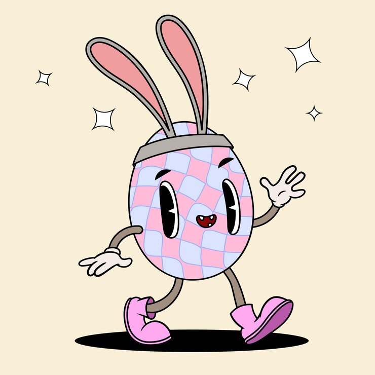 Vetor personagem de ovo de páscoa com orelhas de coelho no estilo de desenho animado dos anos 60 e 70