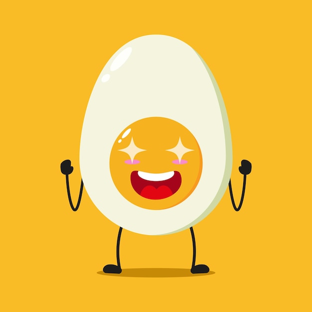 Personagem de ovo meio cozido engraçado e emocionado emoticon de desenho animado de ovo eletrizante em estilo plano