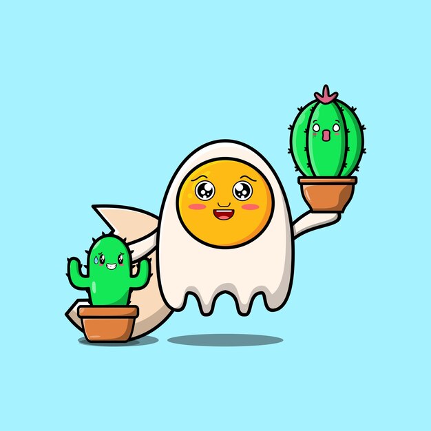 Personagem de ovos fritos de desenho animado bonito segurando a planta de cacto na ilustração do ícone do vetor de pote