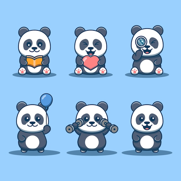 Personagem de panda fofo em várias poses ilustração vetorial