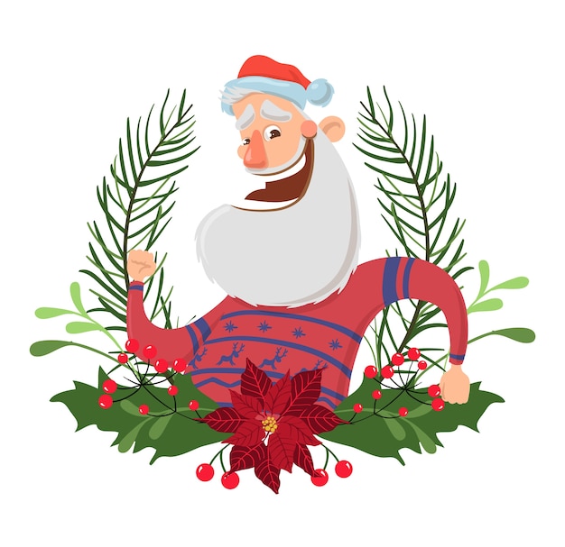 Vetor personagem de papai noel feliz em uma guirlanda de natal. ilustração, isolado no fundo branco. papai noel com suéter de veado acena olá.