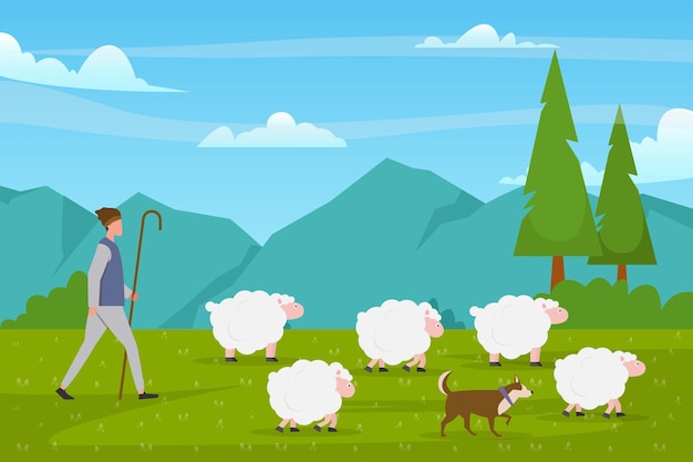Vetor personagem de pastor com cão e ovelhas em uma bela paisagem