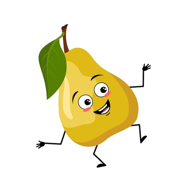 Personagem de pêra com emoção louca feliz dançando, rosto alegre, olhos de sorriso, braços e pernas. Pessoa com expressão, emoticon de frutas. Ilustração em vetor plana